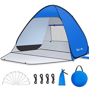 Glymnis Pop Up Strandmuschel in Blau mit Reißverschlusstür und UV-Schutz 50+, ideal für Strand und Outdoor Aktivitäten.