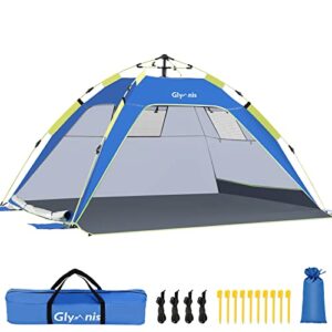 Automatische Glymnis Strandmuschel Quick Up, aufgerichtet in Blau und Gelb, zeigt Netzfenster für Belüftung, ideal für den Strand oder Camping, geeignet für 3 bis 4 Personen.