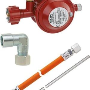 GOK Herdanschluss-Set mit Niederdruckregler und verschiedenen Verbindungselementen für die Gasinstallation, dargestellt zur sicheren Nutzung von Gaskochfeldern.