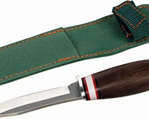 Bunt gestaltetes Goki Schnitzmesser mit stabiler Stahlklinge und ergonomischem Holzgriff, inklusive Nylontasche und Gürtelschlaufe, ideal für kleine Künstler und Bastler.