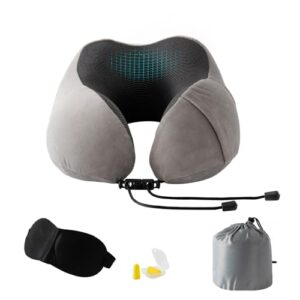 Grau ergonomisches Nackenkissen im U-Design aus Memory Foam, begleitet von einer Augenmaske, Ohrstöpseln und Tragetasche, ideal für Reisen.
