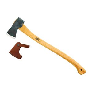 Gränsfors Forstaxt mit einem grauen Axtkopf, hellem Holzgriff und brauner Lederschutzhülle, ideal für Holzarbeiten und Forstbetrieb.