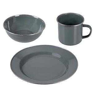 GRÄWE Emaille Camping Geschirr Set in Grau bestehend aus Teller, Schüsseln und Becher, ideal für Outdoor-Aktivitäten wie Camping und Picknick.