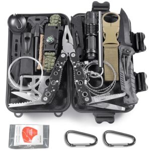 Graxury 14 in 1 Survival Kit in robuster schwarzer Box mit vielseitigen Werkzeugen für Outdoor-Aktivitäten und Notfälle, darunter Zange, Taschenlampe, Multitool und weitere essentielle Utensilien.