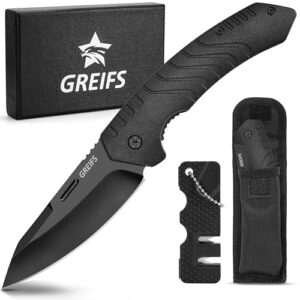 GREIFS Klappmesser G1 mit schwarzer Klinge und ergonomischem Griff, geeignet für Outdoor-Aktivitäten, Survival und Jagd, inklusive Tasche und Messerschärfer.