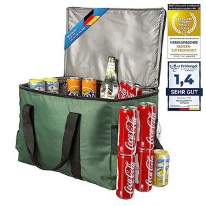 Große 45 Liter isolierte Kühltasche in Grün, ideal für Camping, Picknick und Reisen, mit verschiedenen Getränken im Inneren.