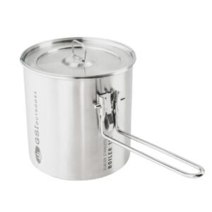 GSI Outdoors Glacier Stainless 1.1 L Boiler aus rostfreiem Edelstahl, ideal für Camping und ultraleichtes Backpacking, mit glänzender Oberfläche und praktischem Henkel für einfaches Tragen.
