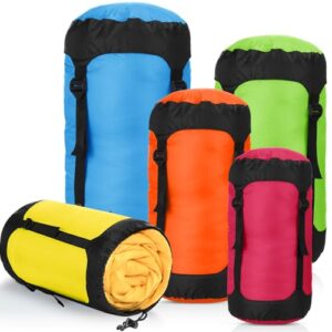 Gulfmew Kompressionssack Set mit fünf farbigen, zylindrischen Aufbewahrungssäcken in verschiedenen Größen, ideal für Camping, Wandern und Reisen.