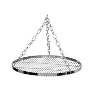 Robustes Gusseisen Grillrost mit Stahlkette für Outdoor-Grillen, ideal für Camping und Lagerfeuer. Perfekte Wärmeverteilung für Fleisch und Gemüse.