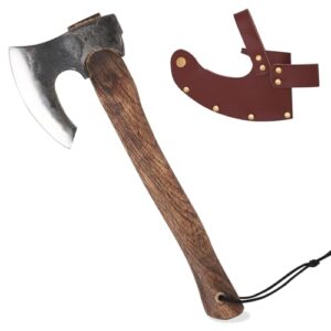 Handgefertigte Wikinger-Axt aus 1095 Kohlenstoffstahl mit ergonomischem Palisandergriff und schützender Lederscheide, ideal für Jagd und Camping.