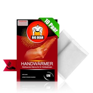 Verpackung von 10 Paar Handwärmern mit 8 Stunden Wärme, zeigt stilisierte Hand und das Design in Rot, Schwarz und Weiß, ideal für Outdoor-Aktivitäten.