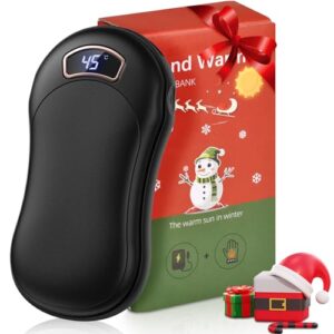 Tragbarer elektrischer Handwärmer mit digitalem Temperaturanzeige, ideal für kalte Tage und als Powerbank für mobile Geräte, verpackt in weihnachtlicher Geschenkverpackung.