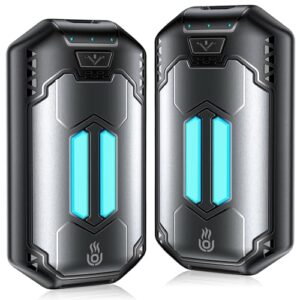 Handwärmer elektrisch im Split-Design im 2er-Pack, tragbar und wiederaufladbar, in Schwarz und Grau mit blauen Lichtern, ideal für Outdoor-Sport und kalte Tage.
