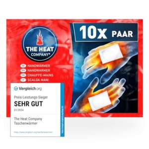 Die Verpackung von 10 Paar EXTRA WARM Handwärmern für warme Hände, designed für jede kalte Situation, abgebildet in einem kräftigen Rot mit stilisierten Händen, die die Handwärmer umschließen.