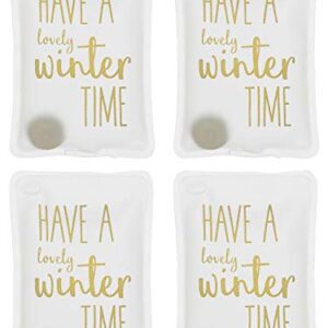 Vier wiederverwendbare Handwärmer im eleganten Design mit dem Schriftzug 'HAVE A lovely WINTER TIME', ideal für kalte Tage und Outdoor-Aktivitäten.