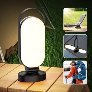 Hapfish LED Campinglampe mit 5000mAh Akku, tragbar und faltbar, geeignet für Outdoor-Aktivitäten und Notfälle, auf einem Holzverkleideten Tisch mit warmem Licht.
