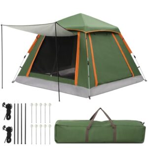 HAUSPROFI Pop Up Zelt für 2-3 Personen in lebhaftem Grün mit orangen Akzenten, ausgestattet mit einem Insektenschutznetz und einer abnehmbaren Überdachung für zusätzlichen Schutz bei Outdoor-Aktivitäten.