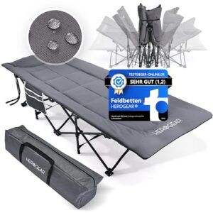Klappbares Feldbett mit Baumwollfüllung in Grau, ideal für Camping und als Gästebett. Inklusive tragbarer Tasche und integriertem Kissen für zusätzlichen Komfort.