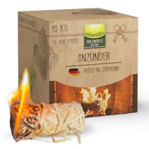 Verpackung von 10 kg Heumüller Holzwolle Premium Holzwolle-Anzündern, ca. 800 Stück, umweltfreundliche und geruchsneutrale Anzünder, ideal für Kamin und Grill.