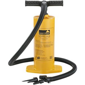 High Peak 49702 Peak Doppelhubpumpe in Gelb für das Aufblasen von Luftmatratzen, aufblasbaren Booten und Schwimmbecken, TÜV/GS geprüft, mit ergonomischem Griff und vier Ventilen.