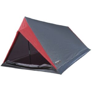 High Peak Hauszelt Minilite für 2 Personen in grau und rot, leichtgewichtig und ideal für Camping, zeigt minimalistisches Design und wasserdichtes Material.
