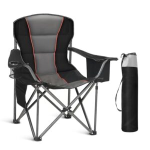 Faltbarer Campingstuhl mit gepolsterter Sitzfläche, Getränkehaltern und side pockets, ideal für Outdoor-Aktivitäten wie Camping und Angeln.
