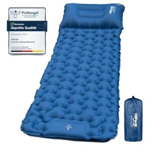 Selbstaufblasende HiiPeak Isomatte in kräftigem Blau mit Kopfstütze, ideal für Camping und Outdoor-Aktivitäten, verpackt in einem praktischen schwarzen Packsack.