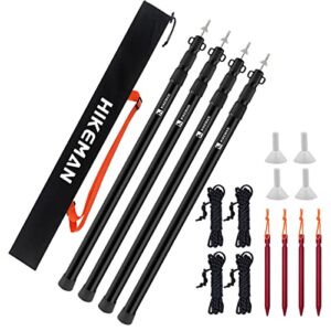 Set von vier schwarzen Teleskopstangen aus Aluminium für Zelte, Planen und Sonnensegel mit Tragetasche und Zubehör für Camping und Outdoor-Aktivitäten