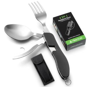 Hikenture 4-in-1 Campingbesteck Set aus Edelstahl mit Messer, Gabel, Löffel und Flaschenöffner, ideal für Outdoor-Aktivitäten, in schwarzer Gürteltasche.