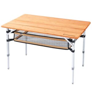 Höhenverstellbarer Campingtisch aus Bambus mit stabilen Aluminiumbeinen, ideal für 4-6 Personen, klappbar und inklusive Aufbewahrungsnetz.
