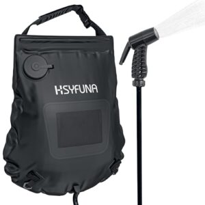 Tragbare HSYFUNA Campingdusche mit 5 Gallonen Wasservolumen, Temperaturanzeige und Solartechnologie für warmes Wasser beim Campen und Wandern.