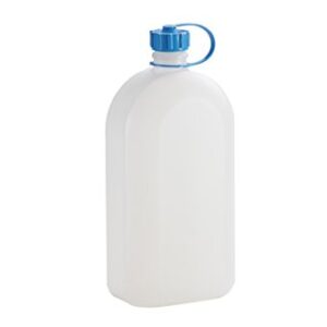 Transparente Kunststoffflasche mit 3 Litern Fassungsvermögen, blauer Schraubdeckel und lebensmittelbeständigem Design, ideal für Getränke und Vorratslagerung.