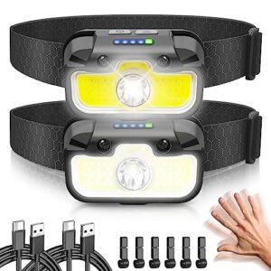 Zwei leistungsstarke wiederaufladbare Stirnlampen mit hoher LED-Helligkeit von 2000 Lumens und mehreren Modi, ideal für Outdoor-Aktivitäten wie Laufen und Angeln.