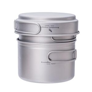 iBasingo Titan Topf Pfannen Set mit Klappgriff für Outdoor Camping, ultraleicht Kochgeschirr für Picknick und Reisen, bestehend aus ineinander stapelbaren Töpfen und einer Bratpfanne.