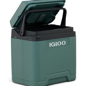 IGLOO elektrische Kühlbox IE27 in dunkelgrün mit offenem Deckel, ideal für kühlende Aufbewahrung von Lebensmitteln und Getränken unterwegs.