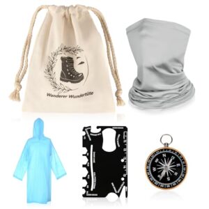 IMPPTE Wanderer Wundertüte mit multifunktionalem Zubehör für Outdoor-Aktivitäten: Beutel, Multifunktionstuch, Regenponcho, Kreditkartenmesser und Kompass.