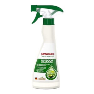 Flasche des IMPRÄGNOL Waterproof Outdoor Imprägnier-Sprays in weiß mit grüner Sprühpumpe, ideal zum Schutz von Schuhen und Kleidung vor Nässe und Schmutz, umweltfreundliche PFC-freie Formel, 250 ml.