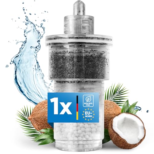 INFINTOS 4-Schicht Wasserfilter mit Aktivkohlefilter und Legionellenfilter, transparent mit Sicht auf die Filter-Schichten, umgeben von Kokosnüssen und Palmblättern für frisches Trinkwasser.