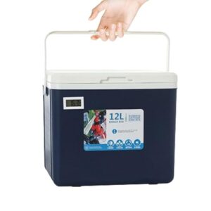 Praktische Isolierbox für Auto mit 12 Litern Kapazität in Blau, ideal für Picknicks und Outdoor-Aktivitäten, mit Temperaturanzeige und handlichem Griff.