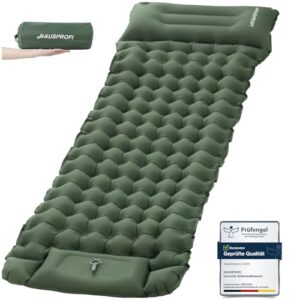 Selbstaufblasende Isomatte in Armeegrün mit Kopfstütze und gut strukturierter Liegefläche, ideal für Camping und Outdoor-Aktivitäten.