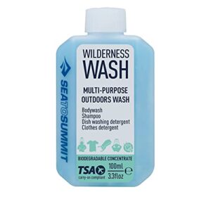 Jabón WILDERNESS 100ml - umweltfreundliche, multifunktionale Seife für Körper, Haare und Geschirr in handlicher Flasche, ideal für Outdoor-Aktivitäten.