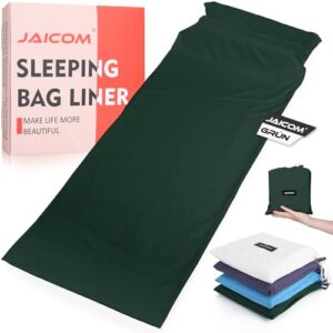 JAICOM Hüttenschlafsack aus Mikrofaser in dunklem Grün, ideal für Camping und Reisen, abgebildet mit weiteren Farbausführungen in ansprechender Verpackung.