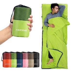 Ultraleichter Hüttenschlafsack in Neongrün, der als Schlafsack und Decke verwendet werden kann, mit Tragetasche und verschiedenen Farbvarianten für Reisen und Outdoor-Aktivitäten.