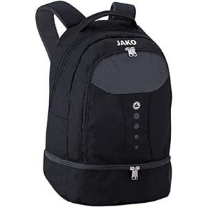 JAKO Rucksack Striker in Schwarz/Grau mit zwei großen Hauptfächern, gepolstertem Rücken und Tragegurten, geeignet für Sport und Freizeit.