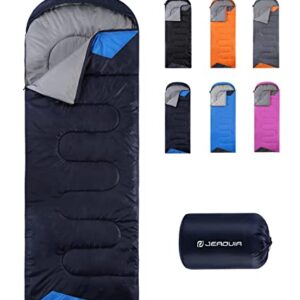 JEAOUIA 3-Jahreszeiten-Schlafsack für Erwachsene in dunkelblau und hellgrün, umgeben von Schlafsäcken in Orange, Schwarz, Grau und Pink, ideal für Camping und Outdoor-Aktivitäten.