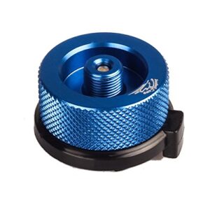 Jeebel Camp Gasflaschenadapter in Blau aus hochwertigem Duraluminium für Gaskartuschen und Campingkocher, mit Auto-Close-Funktion für maximale Sicherheit.