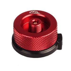 Jeebel Camp Gasflaschenadapter in roter und schwarzer Ausführung, ideal für den Einsatz an Campingkochern und Brennern im Freien.
