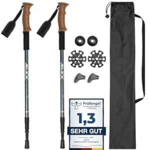 Set von zwei verstellbaren JELEX Teleskop Walking Stöcken in Blau mit ergonomischem Griff, Antishock-Technologie und Zubehör für Nordic Walking und Outdoor Aktivitäten.