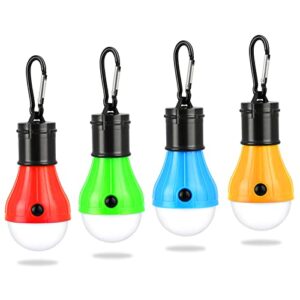 Vier tragbare LED Camping Lampen in Rot, Grün, Blau und Orange mit Karabinerhaken, ideal für Camping und Outdoor-Aktivitäten.