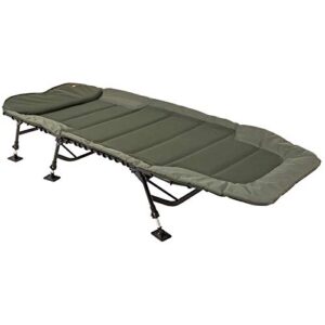 JRC Lettino da Campeggio Defender Levelbed in dunklem Olivgrün, klappbare Liege mit gepolsterter Oberfläche und ergonomischer Kopfstütze, ideal für Camping und Angeln.